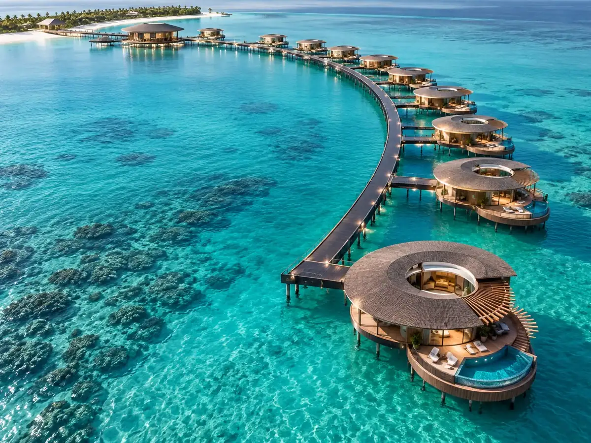 Overwater villas along a curved jetty above a turquoise lagoon