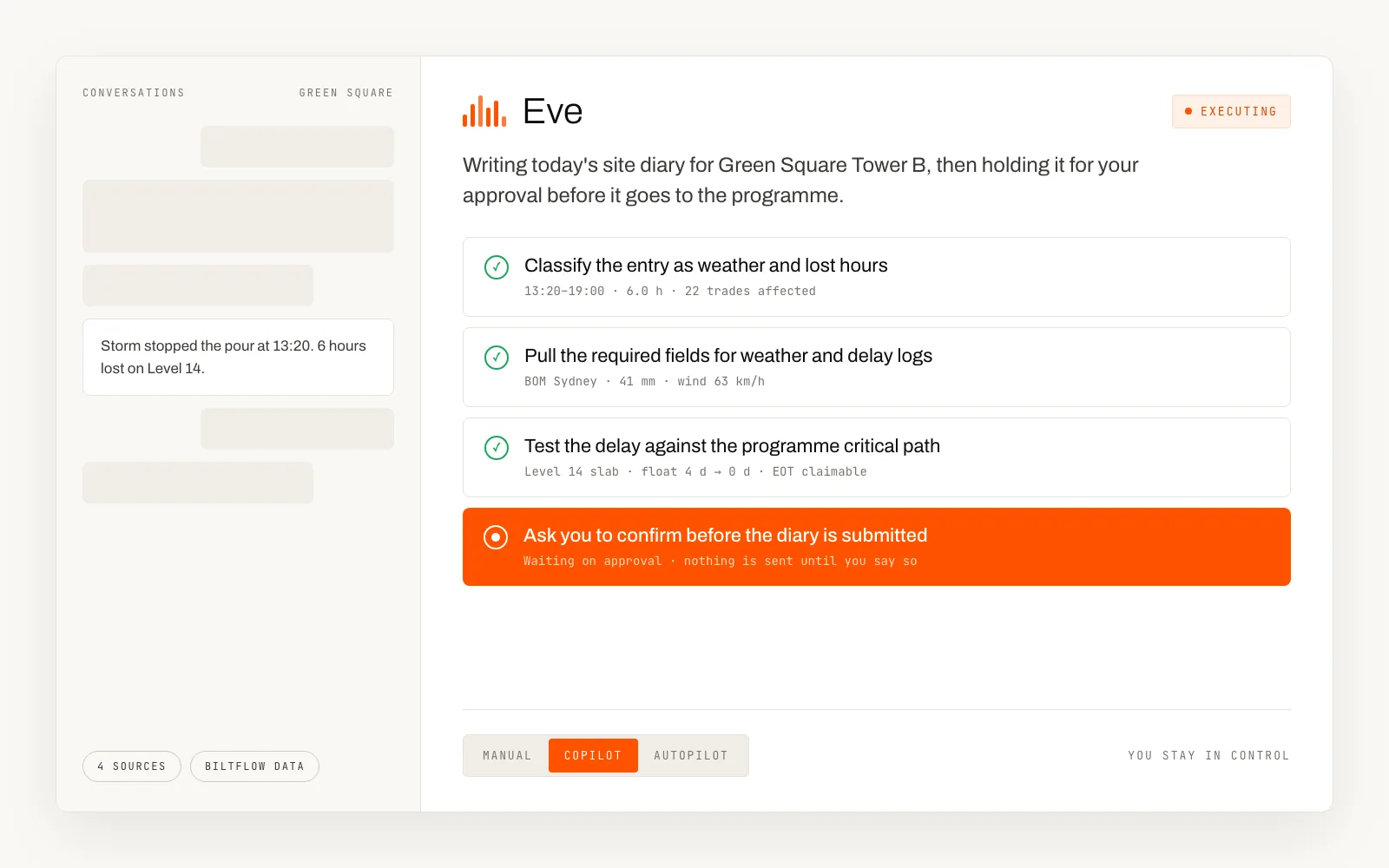 A site-diary workflow executed and held for approval